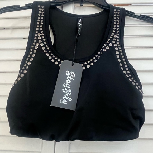 NEW TWO 2 FLY Black Sports/Swim Bra with Studs and Yeehaw on back - Picture 2 of 13